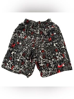 Nike Black Graphic Logo Swim Shorts with White & Red Accents - boys L
